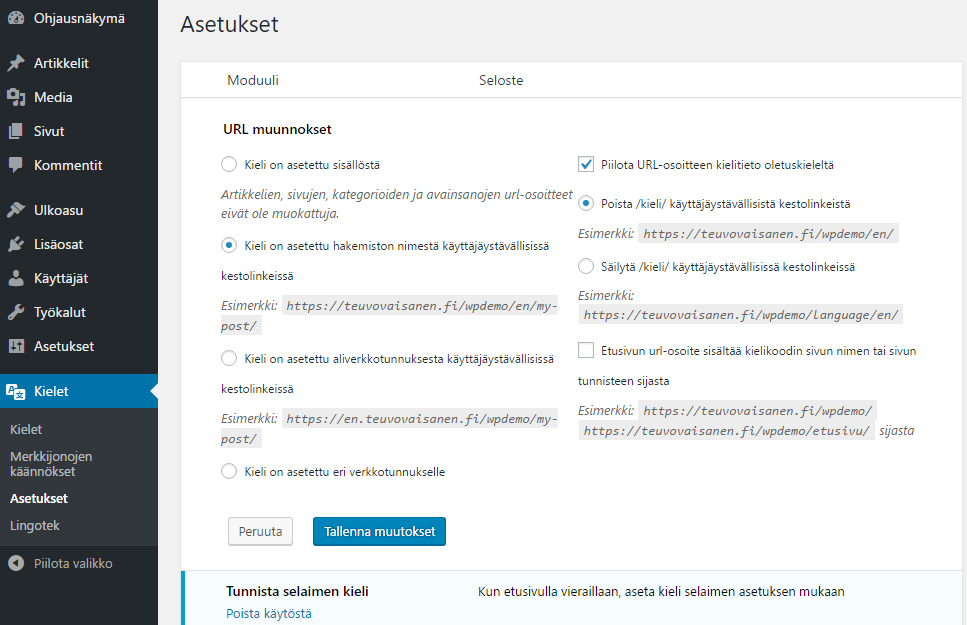 Polylang URL asetukset