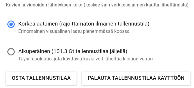 Palauta tallennustilaa