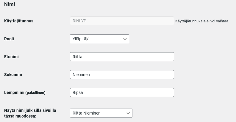 WordPress käyttäjäprofiilin nimitiedot