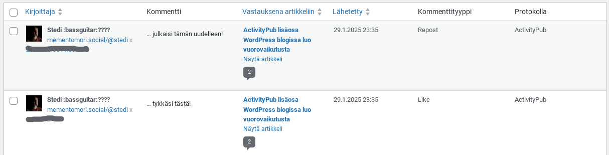 ActivityPub-toiminnot-WP-keskusteluissa-hallintapaneeli Ruutukaappaus WordPress hallintapanelista, jossa näkyy interaktiot fedimersumista