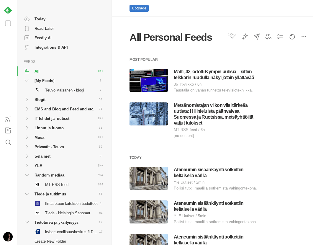 Näkymä selaimessa Feedly -palvelusta Feedly RSS lukija selaimessa